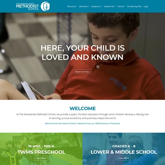 The Woodlands Methodist School website screenshot