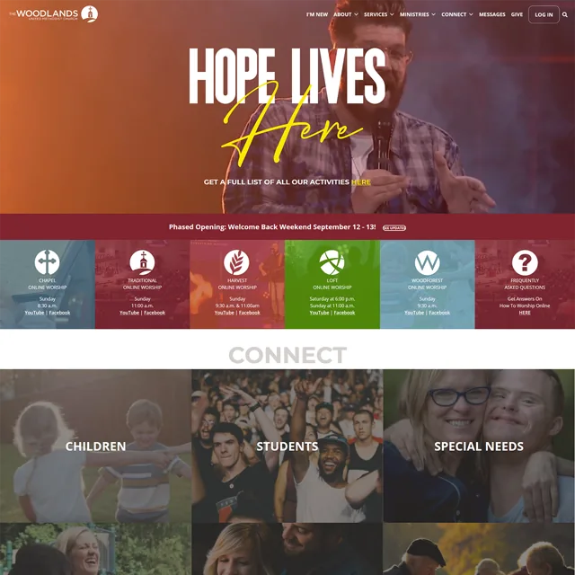 The Woodlands United Methodist Church website screenshot